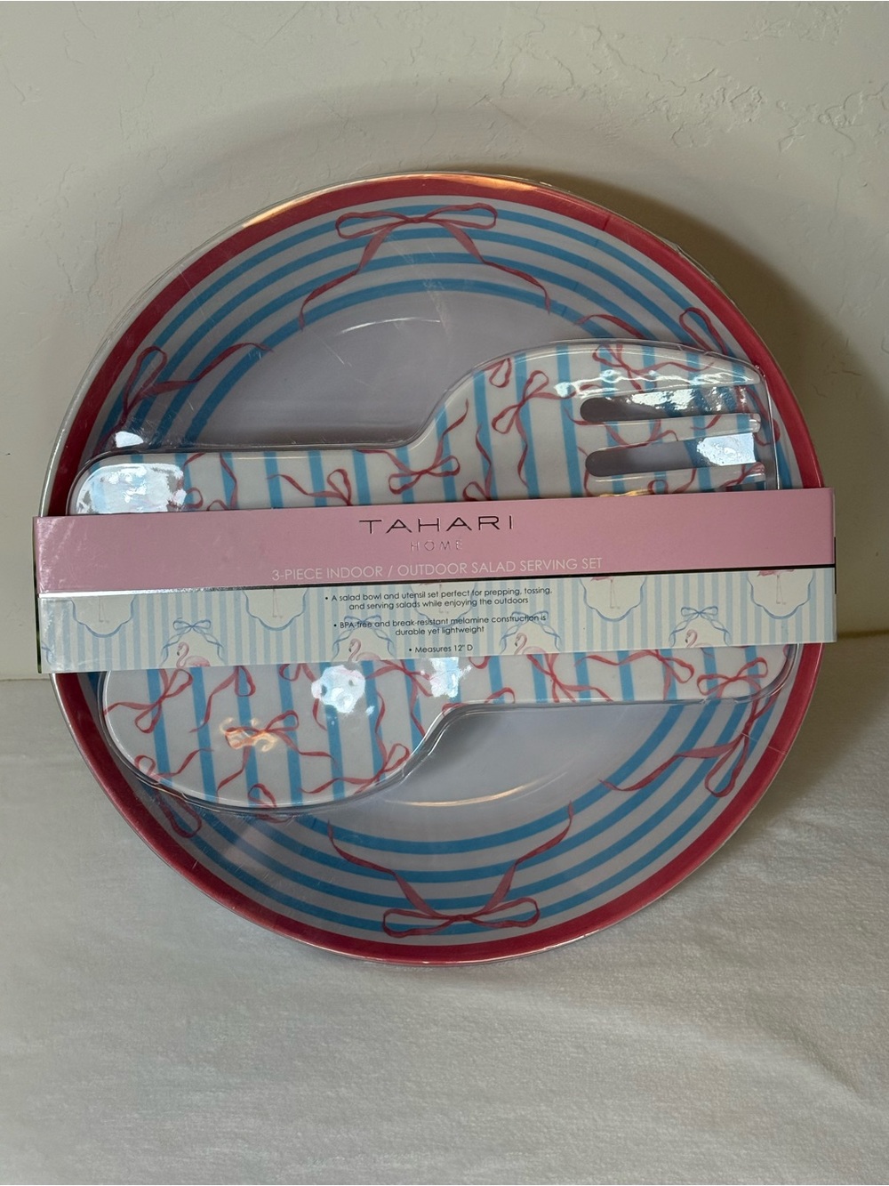 Tahari Pink & Blue Striped Salad Serving Set with Bow Motif
